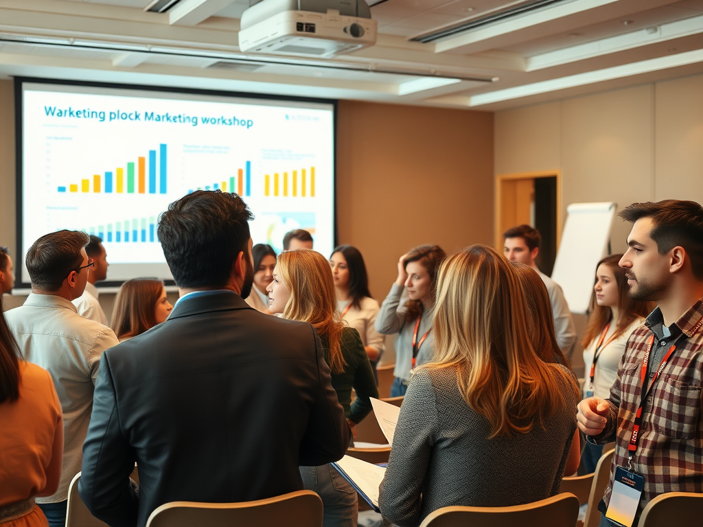 A marketing workshop in progress, with participants discussing and charts displayed in the background.