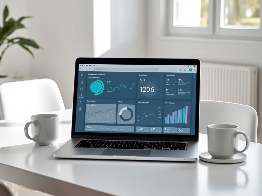 A laptop displaying an analytics dashboard, with two coffee cups on a white table and a plant in the background.