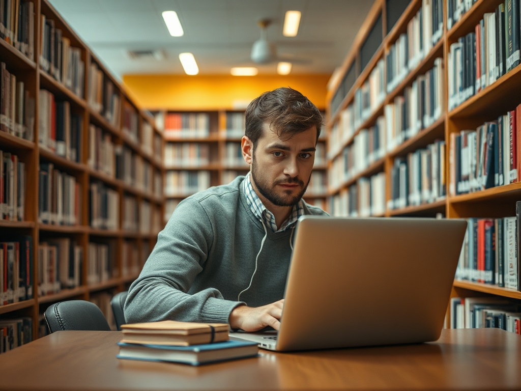 A focused man working on a laptop at a table in a library surrounded by bookshelves.