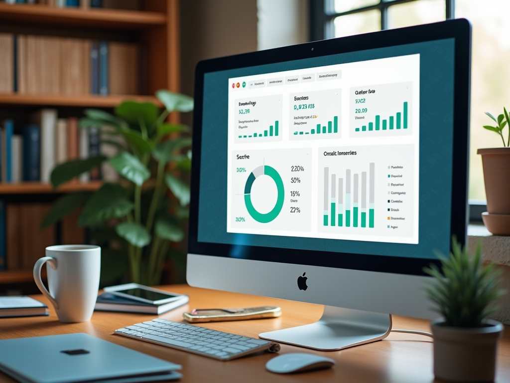 Desktop with financial graphs on screen in an office setup with plants and books.