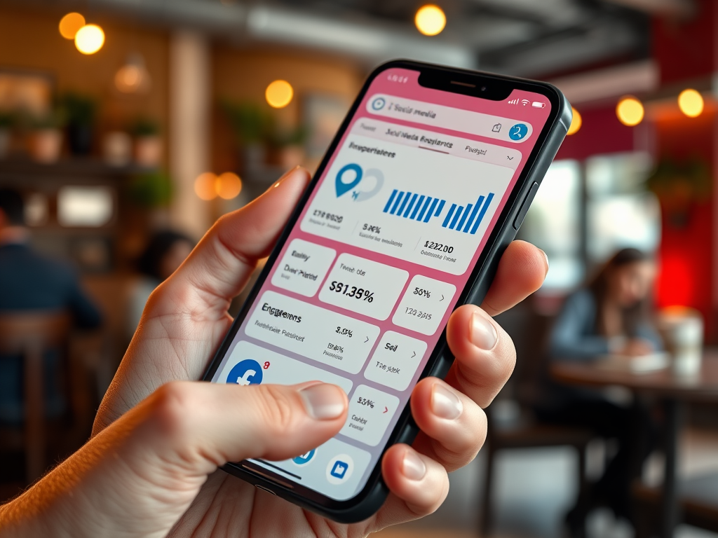 A person holding a smartphone displaying a social media analytics dashboard in a café setting.