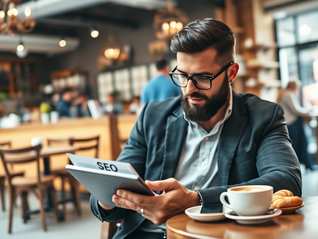 A man in a suit reading about SEO in a cafe, with coffee and a pastry on the table.