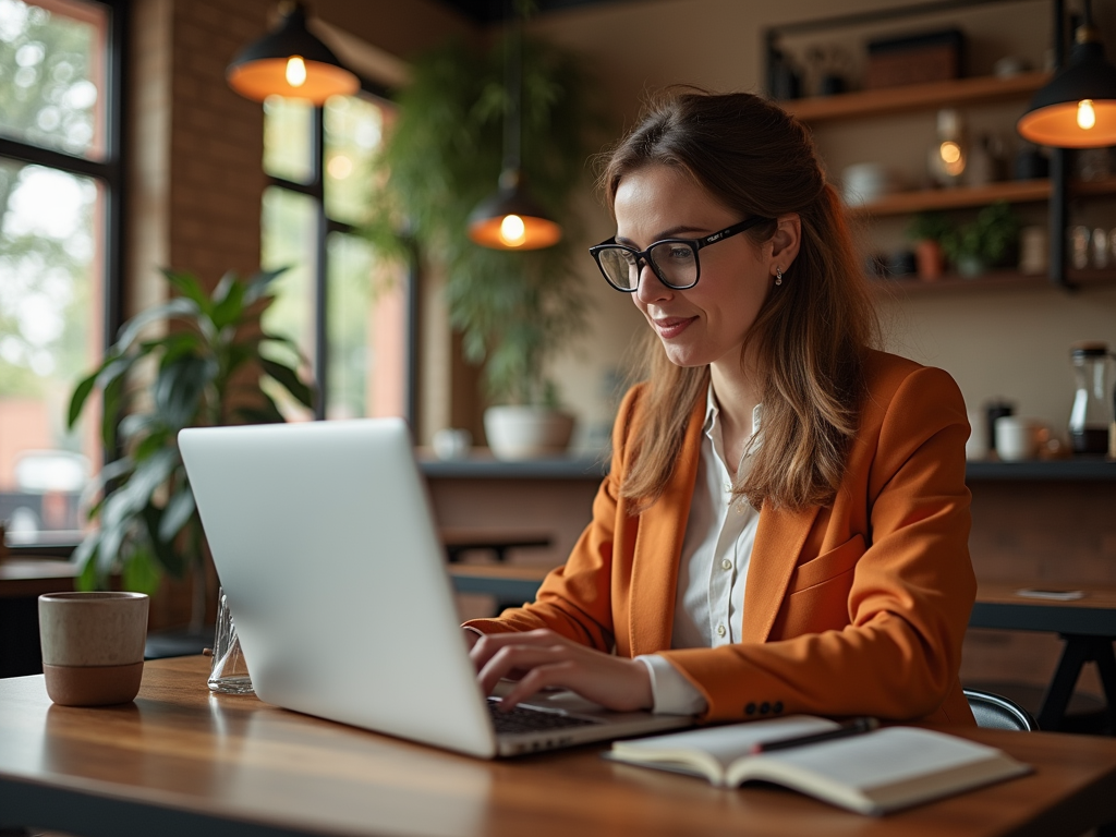 A woman in an orange blazer types on a laptop at a cozy café table, with plants and books around her.