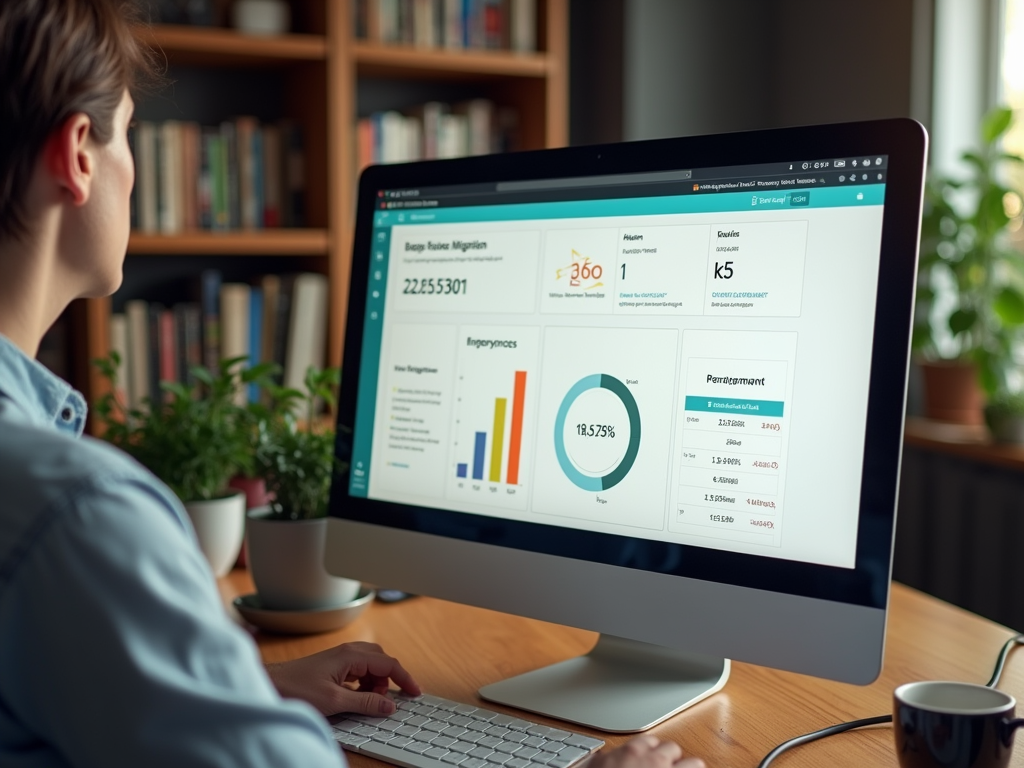 A person analyzing data on a computer screen, with graphs and statistics displayed in a modern office setting.