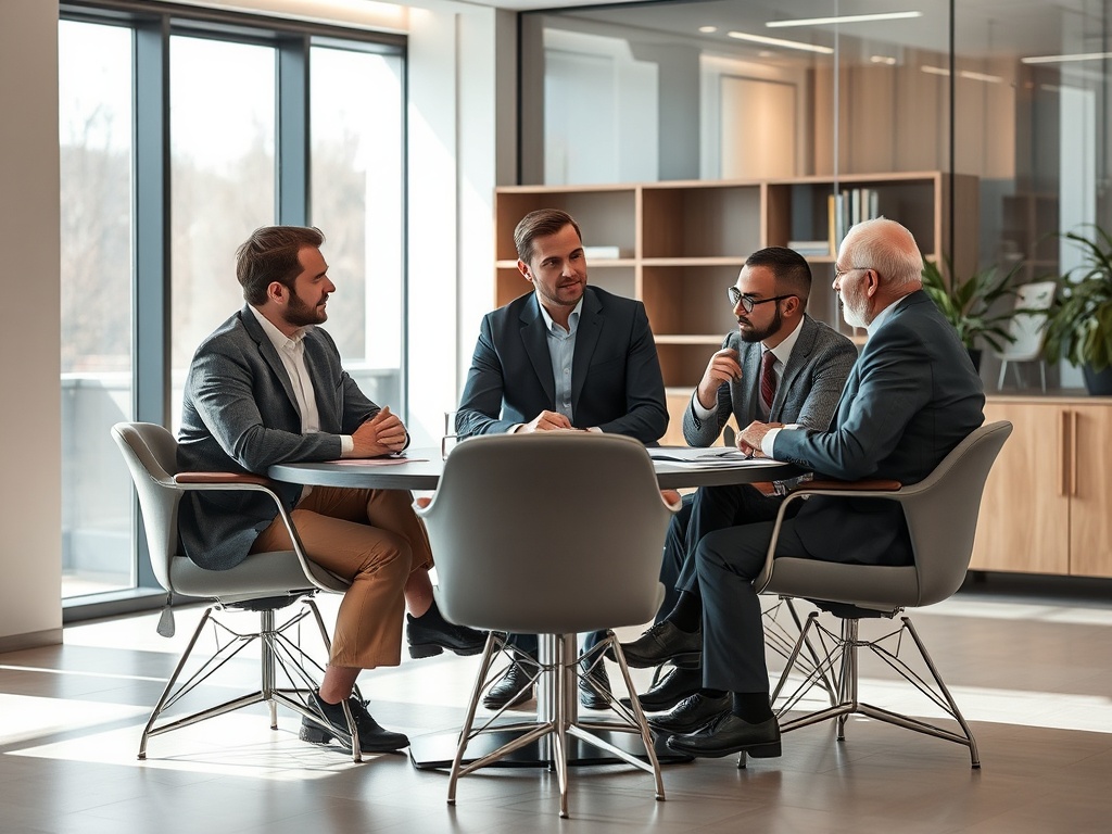 Four professionals sit around a table in a modern office, engaged in a discussion with papers in front of them.