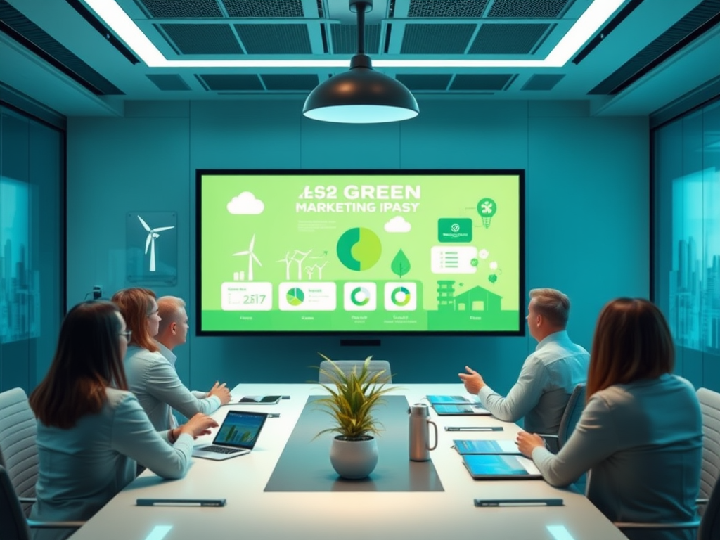 A group of people in a modern meeting room watching a presentation on green marketing strategies.