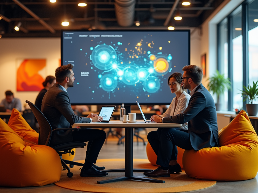 Three professionals discuss data on a laptop in a modern office with a digital presentation in the background.