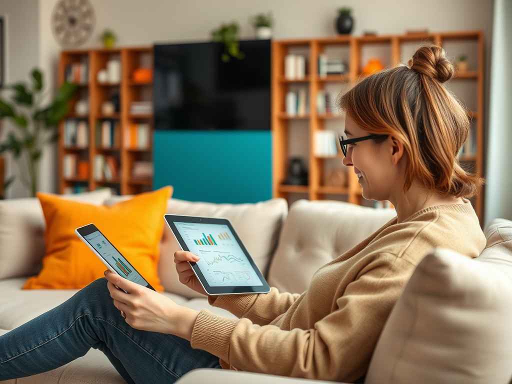 A woman sits on a couch, using a tablet and smartphone, analyzing data charts in a cozy living room.