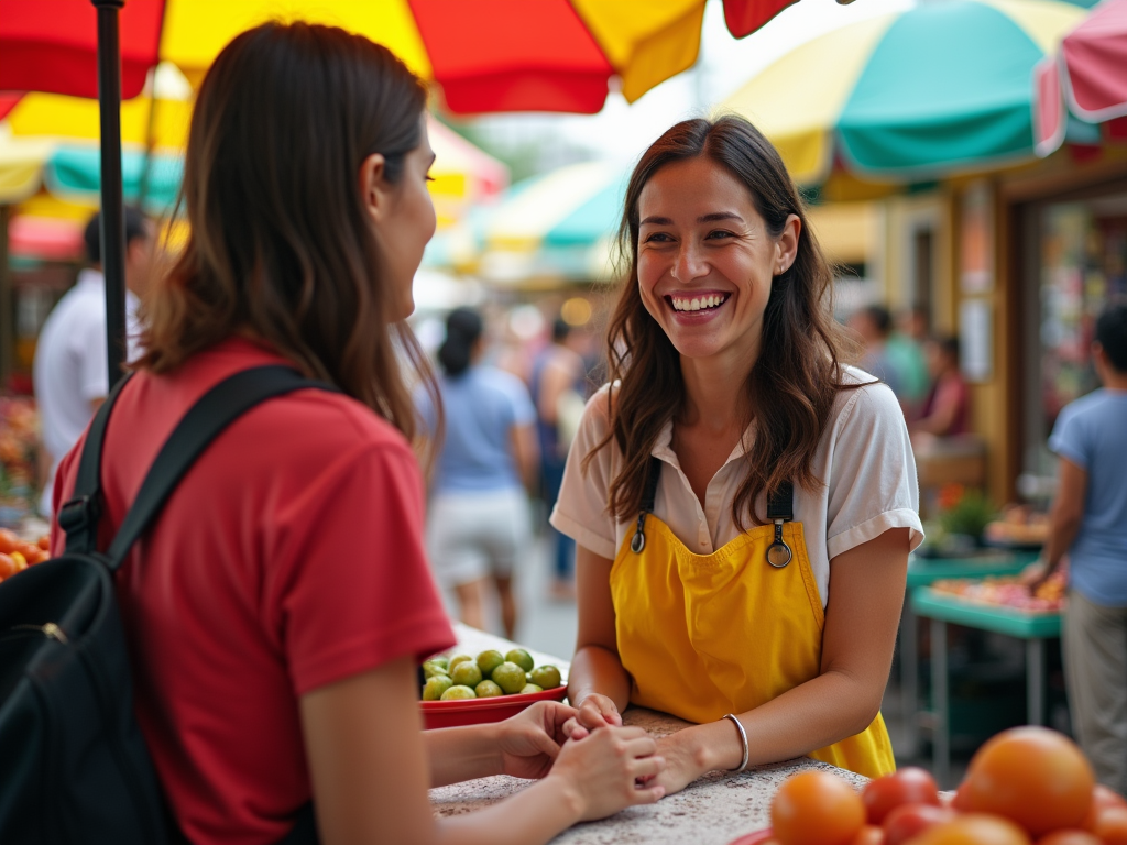 Two women chat and smile at a vibrant market, surrounded by colorful umbrellas and fresh produce.