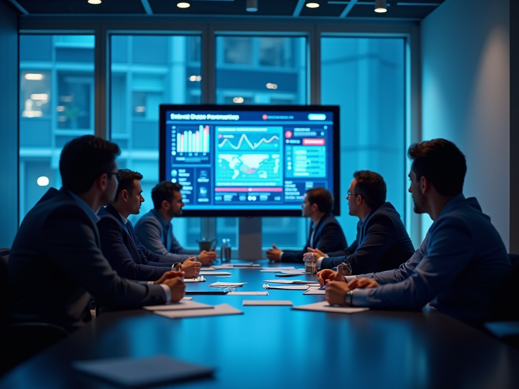 Business team in a meeting room with a large screen displaying data analytics.