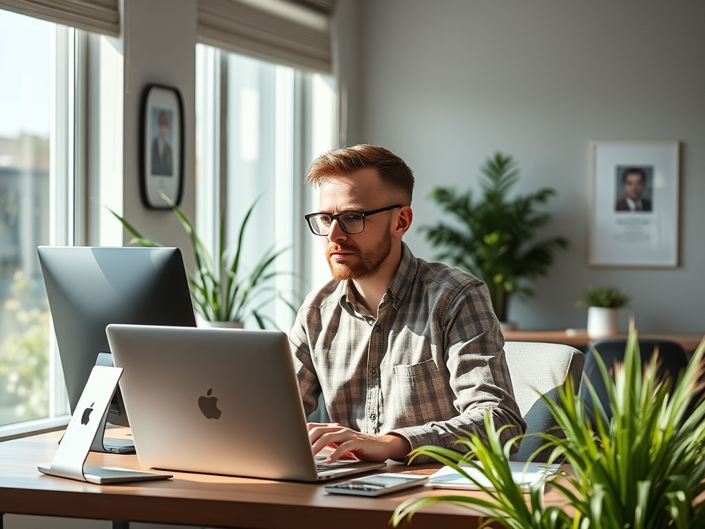 A focused man works on a laptop in a well-lit office with plants and multiple monitors around him.