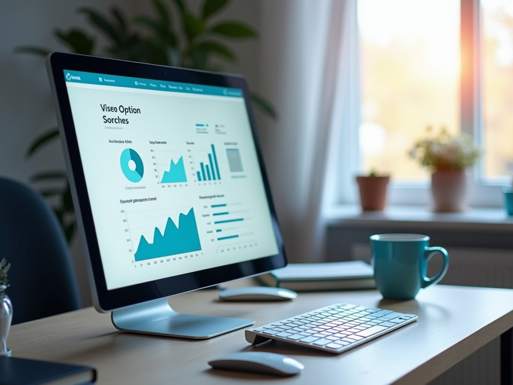 Computer screen displaying graphs and data charts on a desk with a keyboard, mouse, and cup.