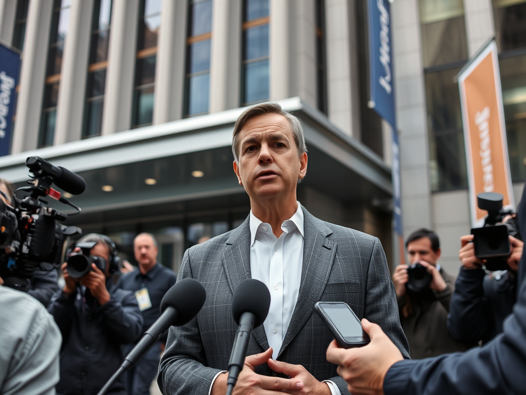 A man in a gray blazer speaks to reporters outside a building, surrounded by cameras and microphones.