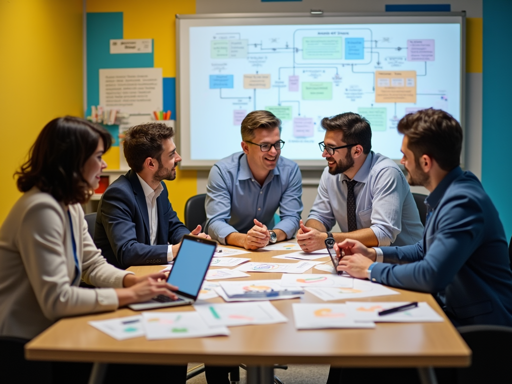 Team of six professionals engaged in a discussion around a table with laptops and a chart on the board.