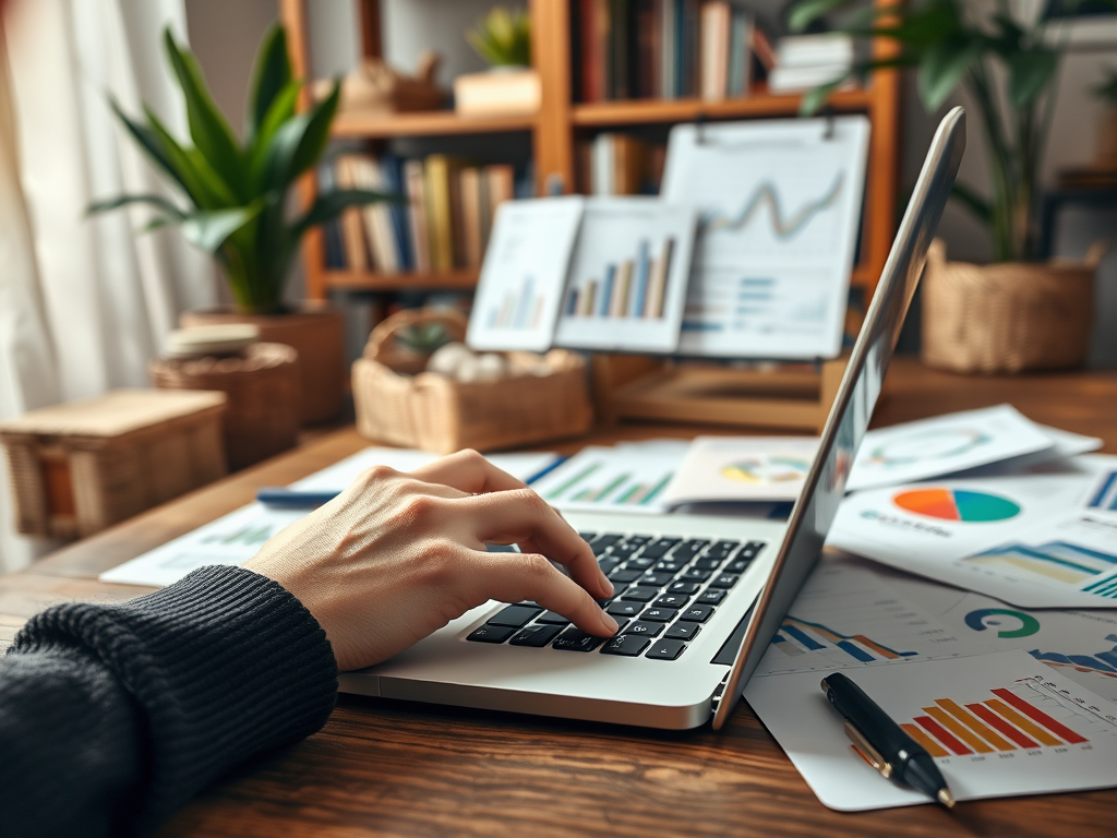 A person typing on a laptop, surrounded by charts and graphs, with plants and books in the background.