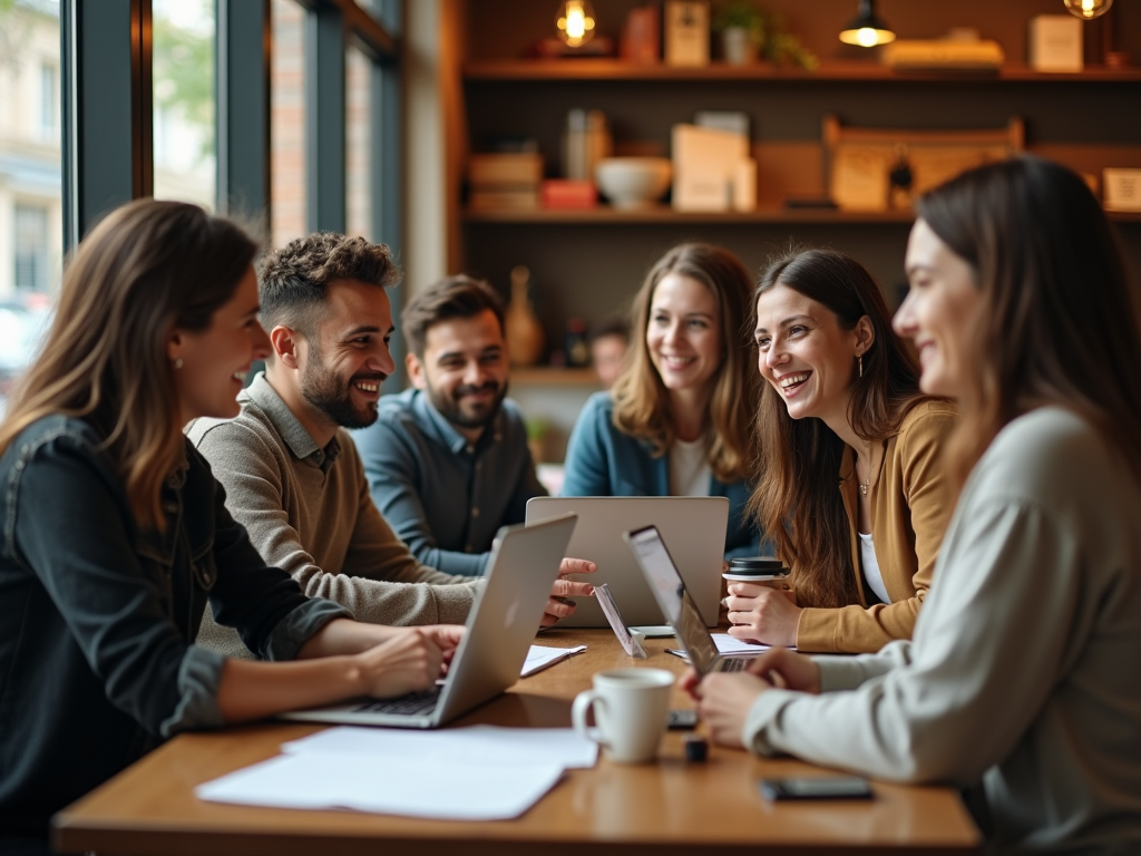 Group of five young adults smiling and discussing over laptops in a cozy cafe setting.