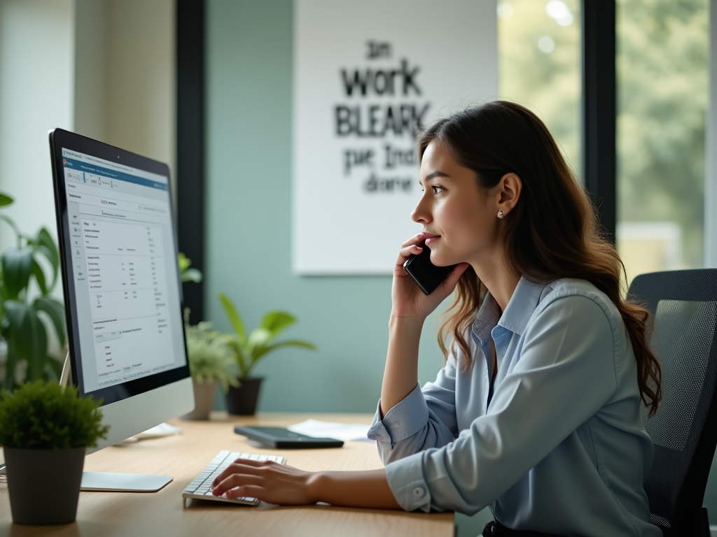 Professional woman multitasking at her desk with a computer and phone in a modern office.