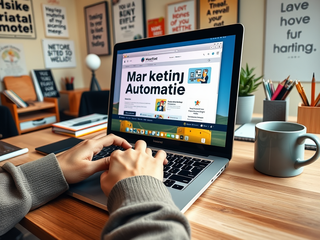 A person typing on a laptop in a cozy workspace decorated with motivational posters and stationery.