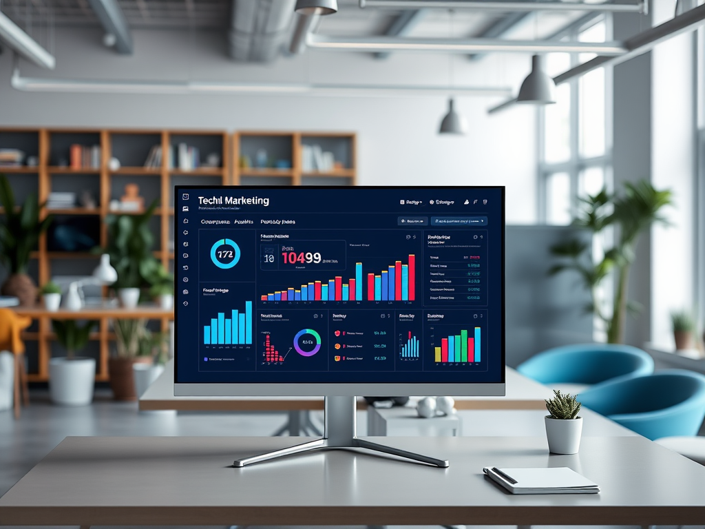A computer screen displays a marketing dashboard with various colorful graphs and data metrics in an office setting.