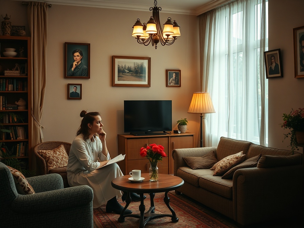 A woman in a cozy living room, sitting with a book and flowers on the table, surrounded by framed pictures.