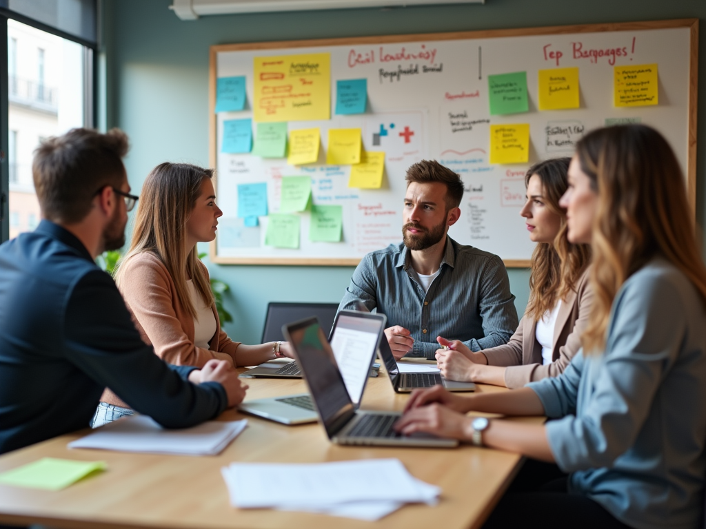 Five professionals discussing at a table with laptops and a colorful sticky note board in the background.