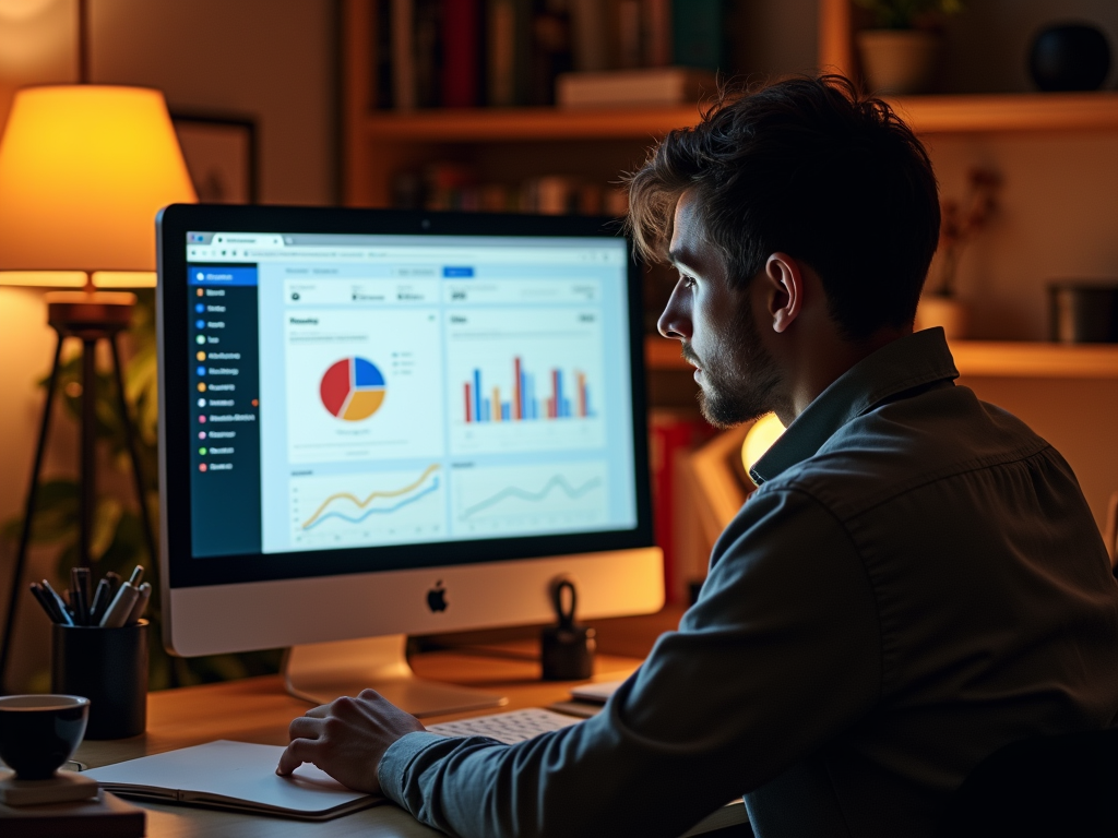 Man analyzing data on computer screen in a cozy office at night.