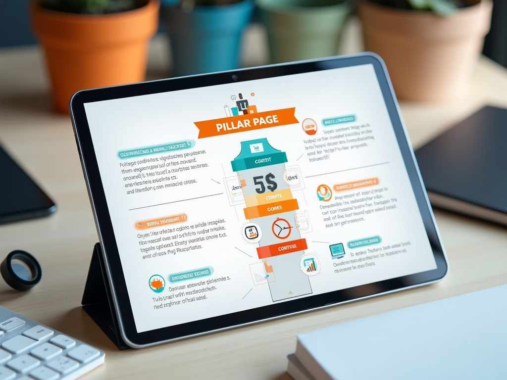Tablet displaying a digital presentation titled "PILLAR PAGE" with colorful content sections, on a desk next to a plant.