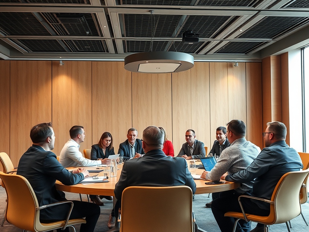 A business meeting with multiple attendees seated around a large circular table in a modern conference room.