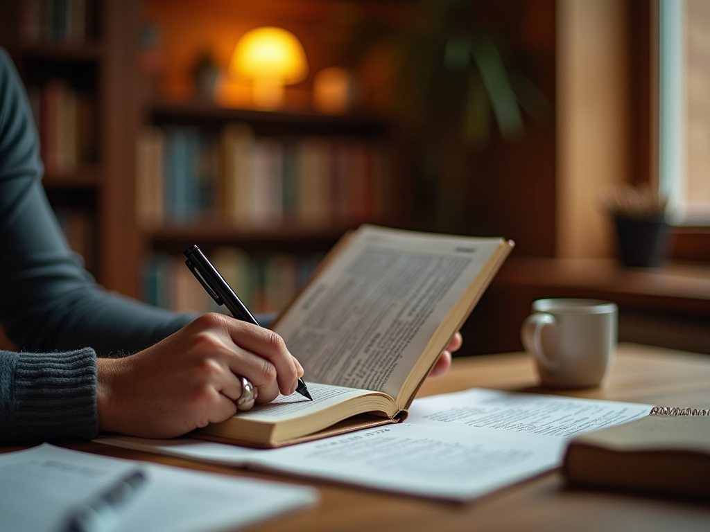 A person writing in a notebook while reading a book, with a coffee cup and papers on a wooden table in a cozy setting.