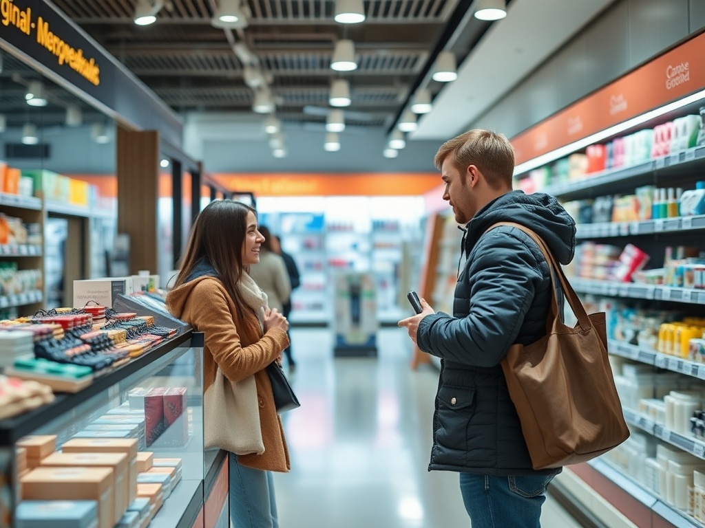 A young woman and man are chatting in a store aisle filled with various products. Both are smiling and engaged.