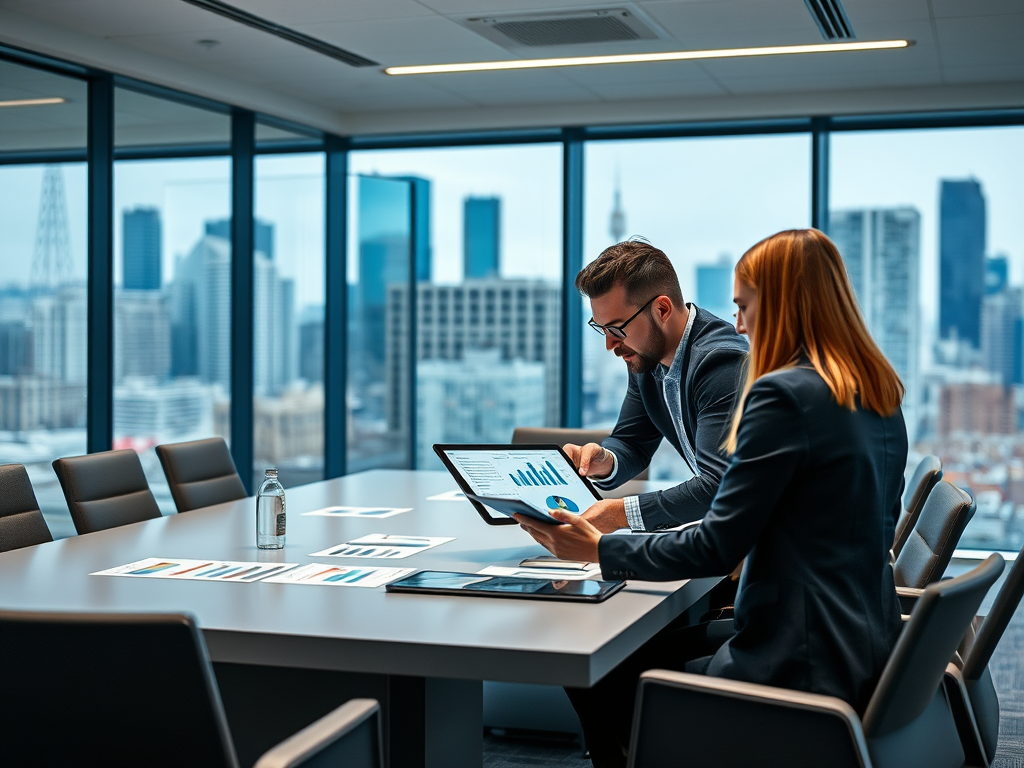 Two professionals review data on tablets in a modern office with a city view, surrounded by charts and graphs.