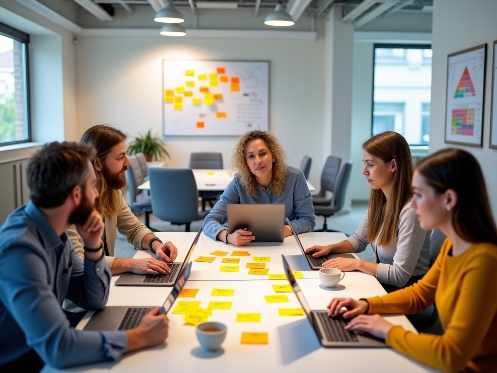 Diverse team discussing project around a table with laptops and sticky notes in a modern office.