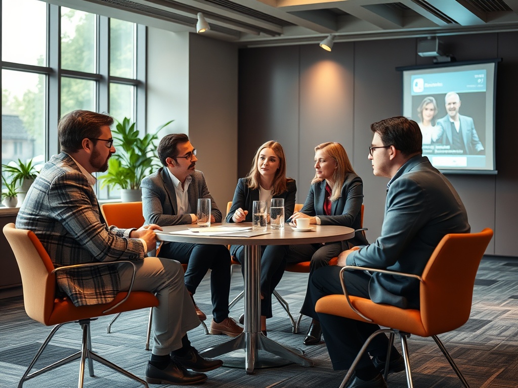 A team of five professionals discusses strategies around a table in a modern meeting room.