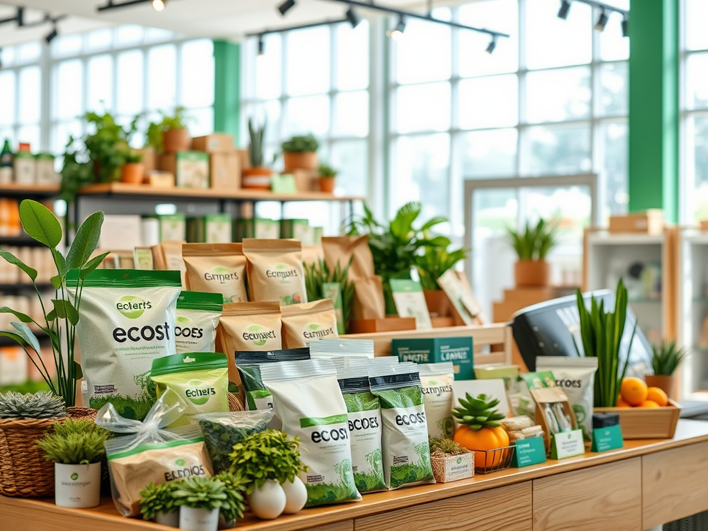 A display of eco-friendly products and plant-based items in a bright, natural-themed store with green accents.