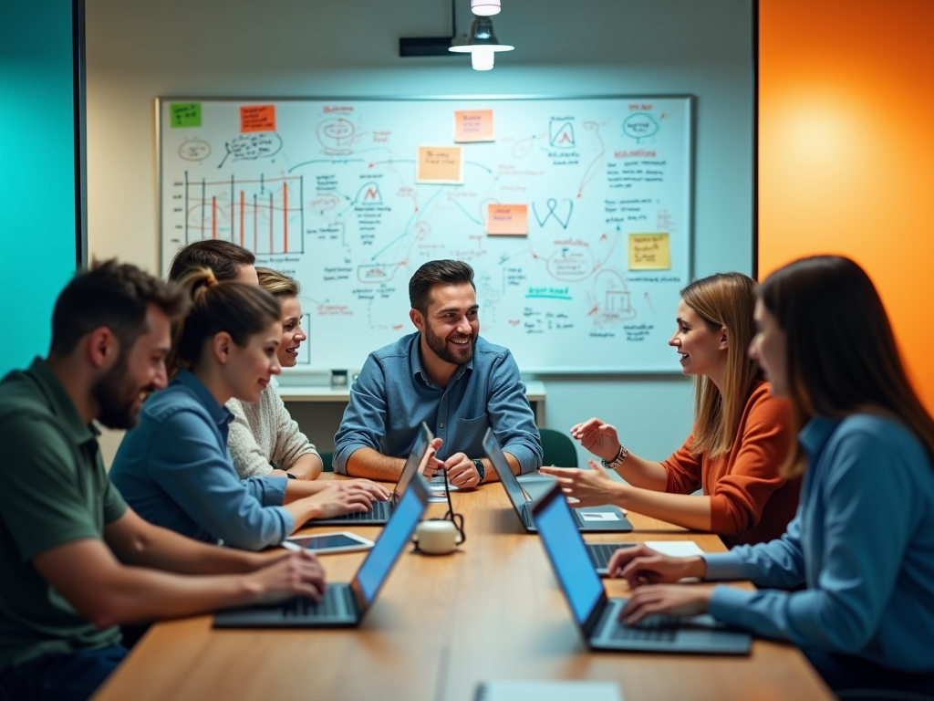 A group of eight people engaged in a meeting, discussing ideas with laptops and a whiteboard in the background.