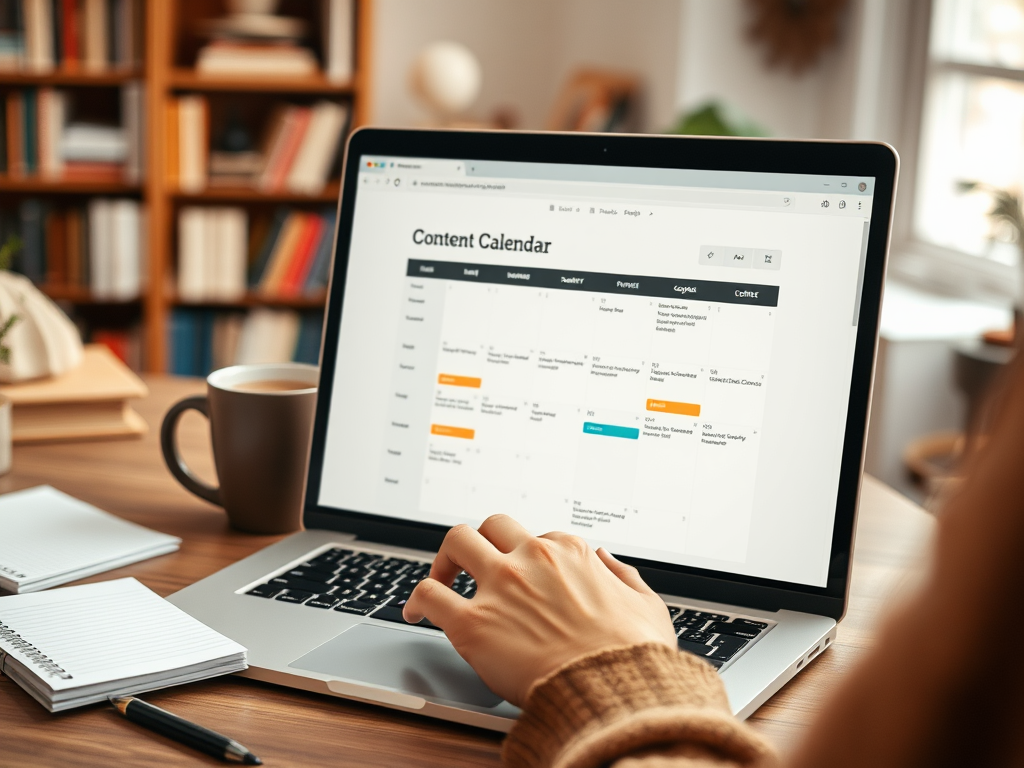 A person works on a laptop displaying a content calendar, with a coffee cup and notebook on a wooden desk.