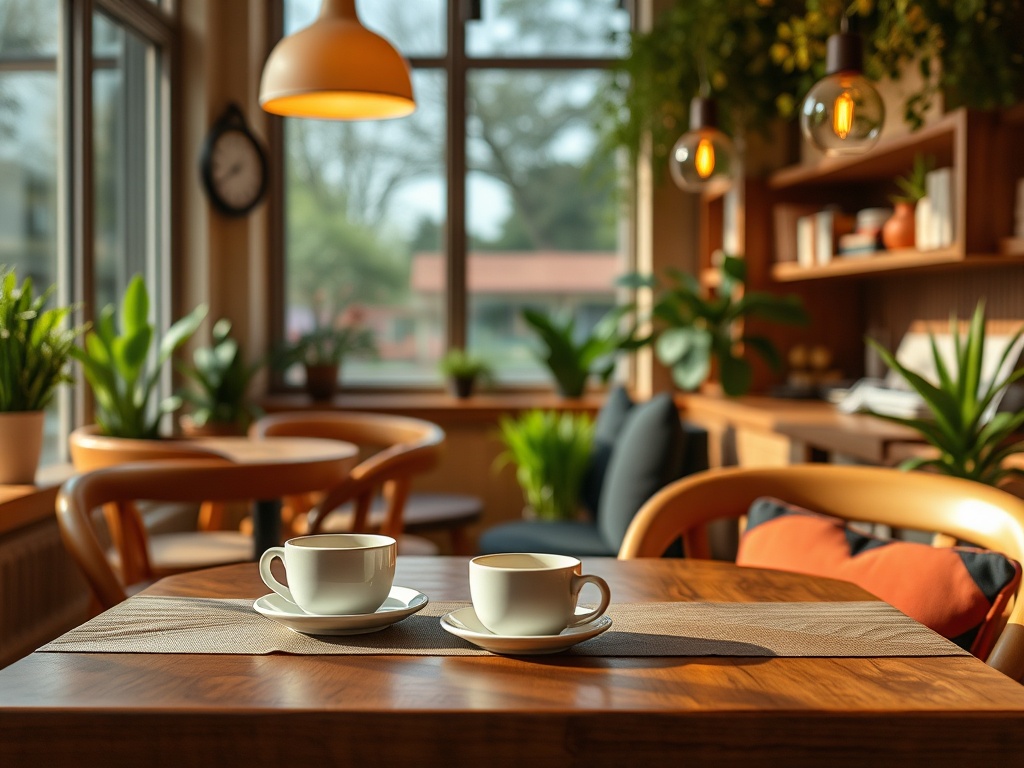 A cozy café setting with two cups of coffee on a wooden table, surrounded by plants and soft lighting.