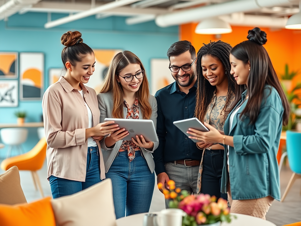 A group of five diverse friends smiles and shares ideas while looking at tablets in a bright, modern workspace.