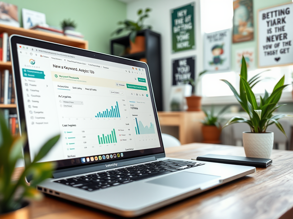 A laptop displaying a keyword analysis tool with graphs, surrounded by plants in a cozy workspace.