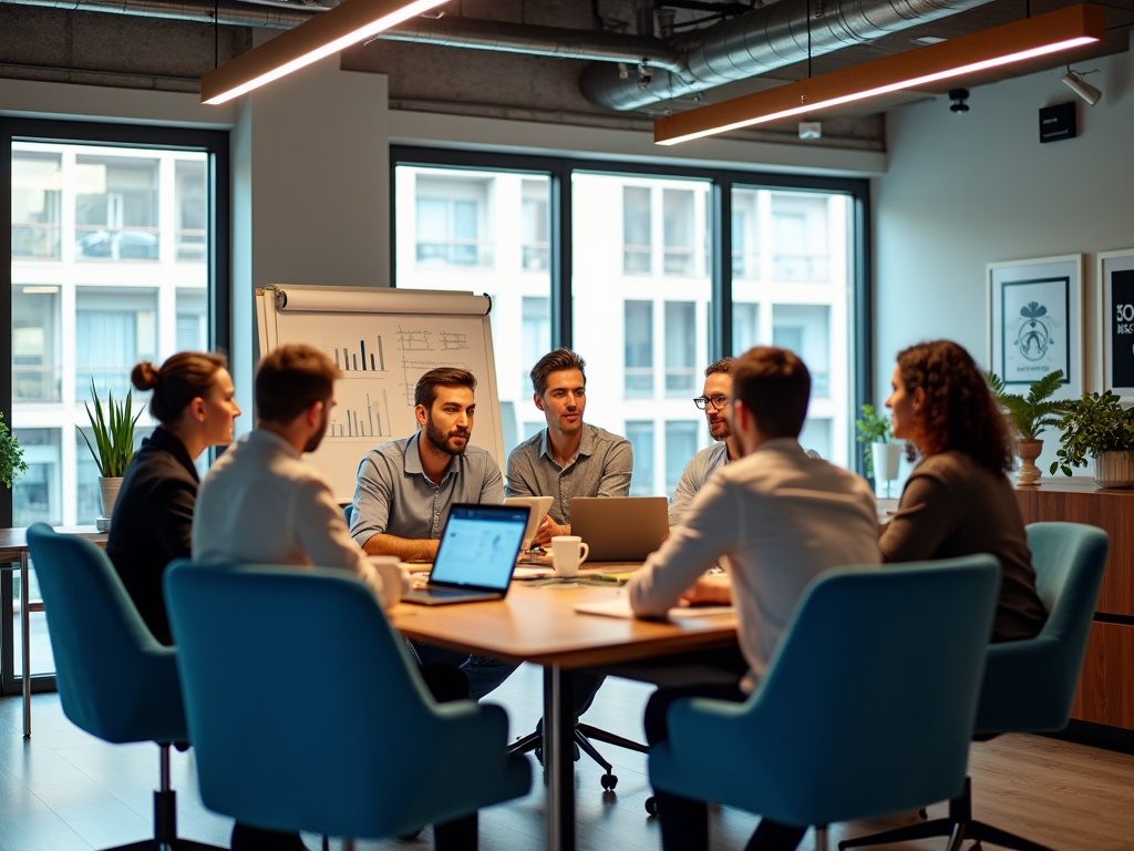 Business professionals discussing around a table in a modern office setting with laptops and charts.