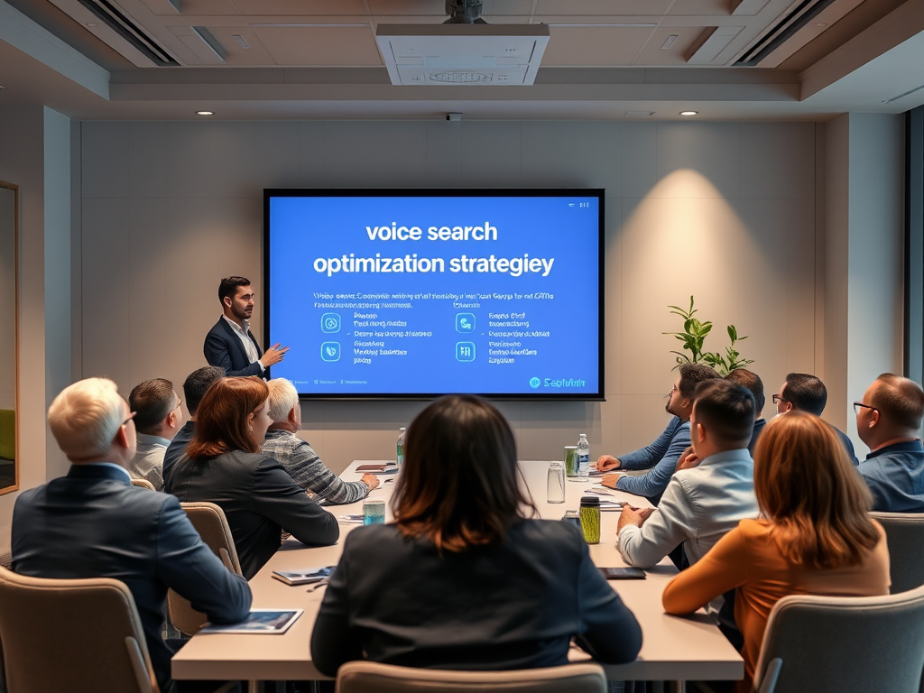 A speaker presents a voice search optimization strategy to an audience in a modern conference room.