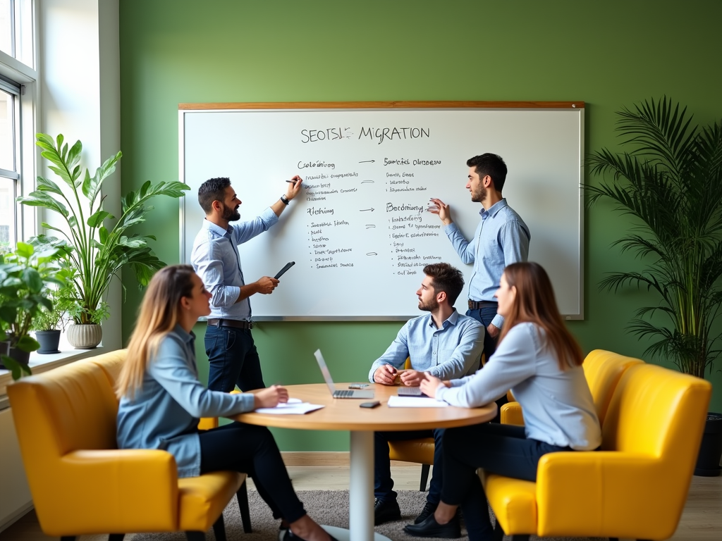 A group of professionals collaborates in a meeting, discussing strategies written on a whiteboard.