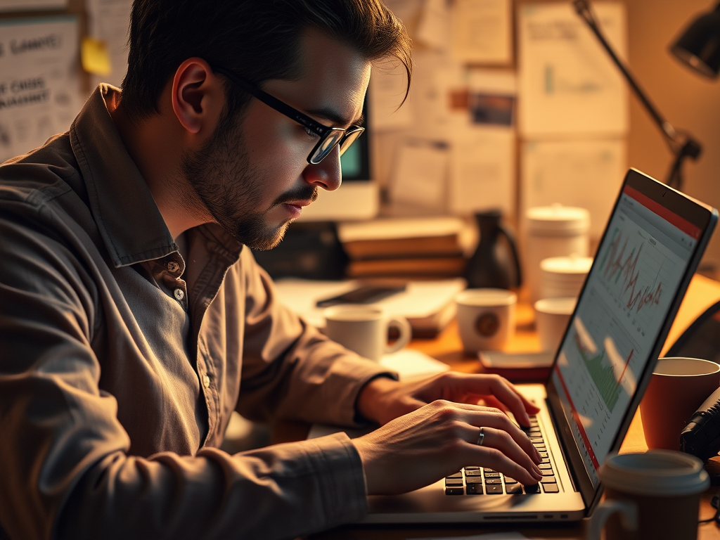 A man in glasses works intently on a laptop, analyzing data amidst a cluttered desk with coffee cups around him.
