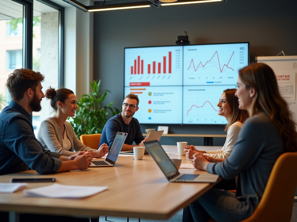 A team of five people discussing in a modern conference room, with charts displayed on a screen behind them.