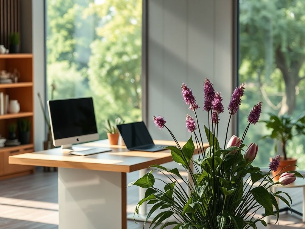 A modern office space with two computers on a desk and vibrant plants in the foreground, bright natural light streaming in.