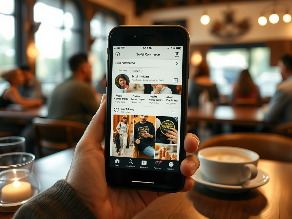 A hand holds a phone displaying a social commerce app, with a coffee cup and people in a cafe in the background.