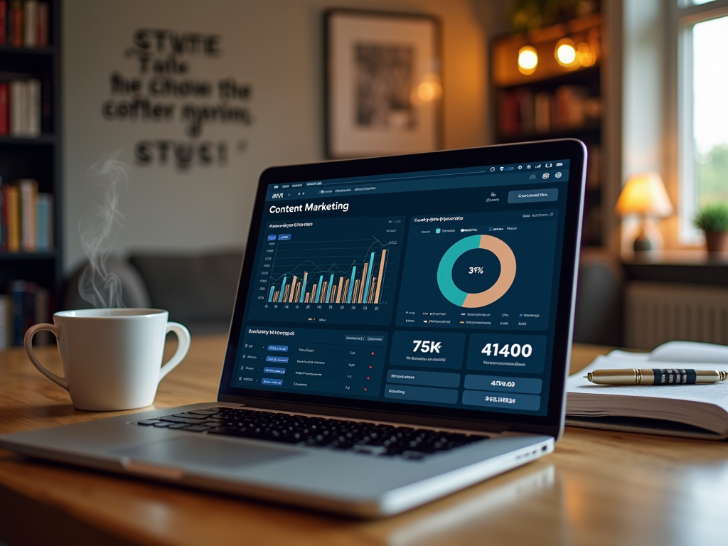 Laptop displaying content marketing analytics on screen, placed on a wooden desk next to a steaming coffee cup.