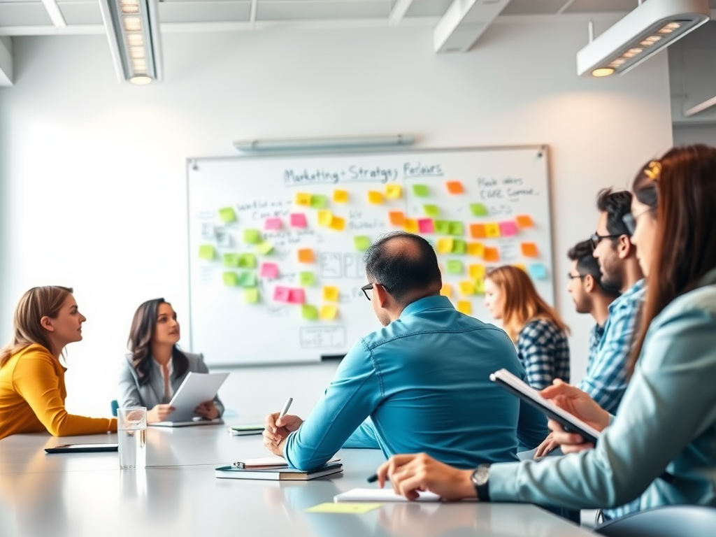 A group meeting with diverse participants discussing marketing strategies, focusing on a whiteboard with sticky notes.