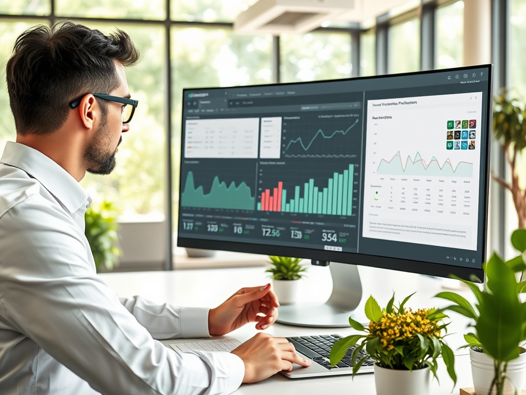 A man in a white shirt analyzes data on a large monitor in a bright office, surrounded by greenery.